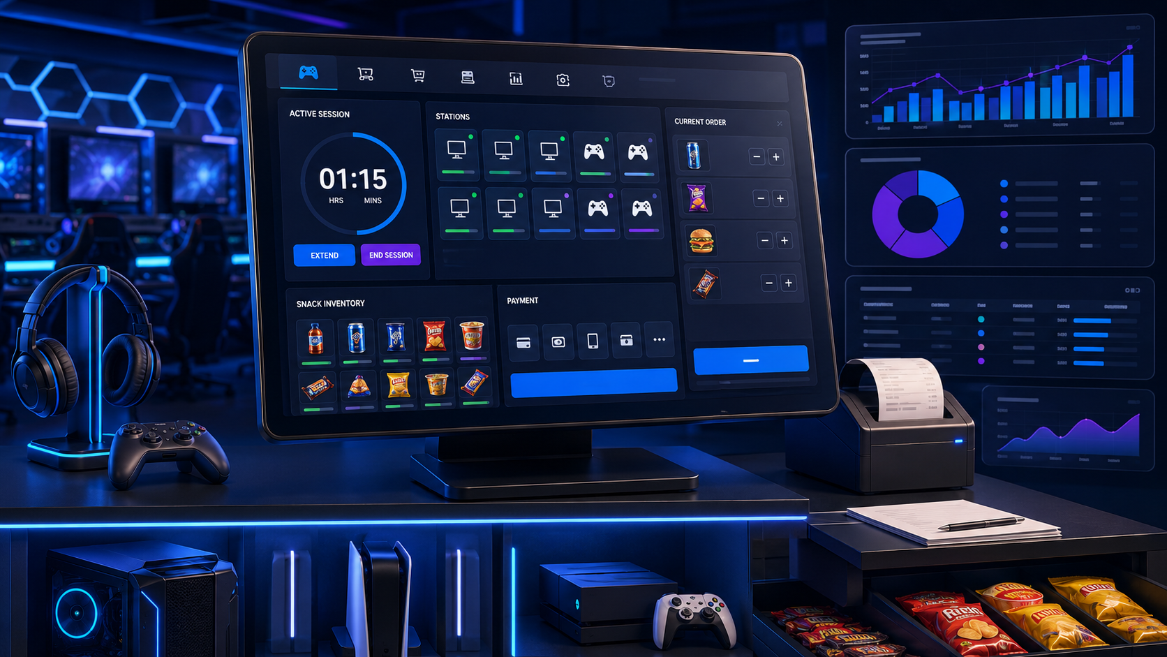 Game center billing, point-of-sale and session-tracking workflow
