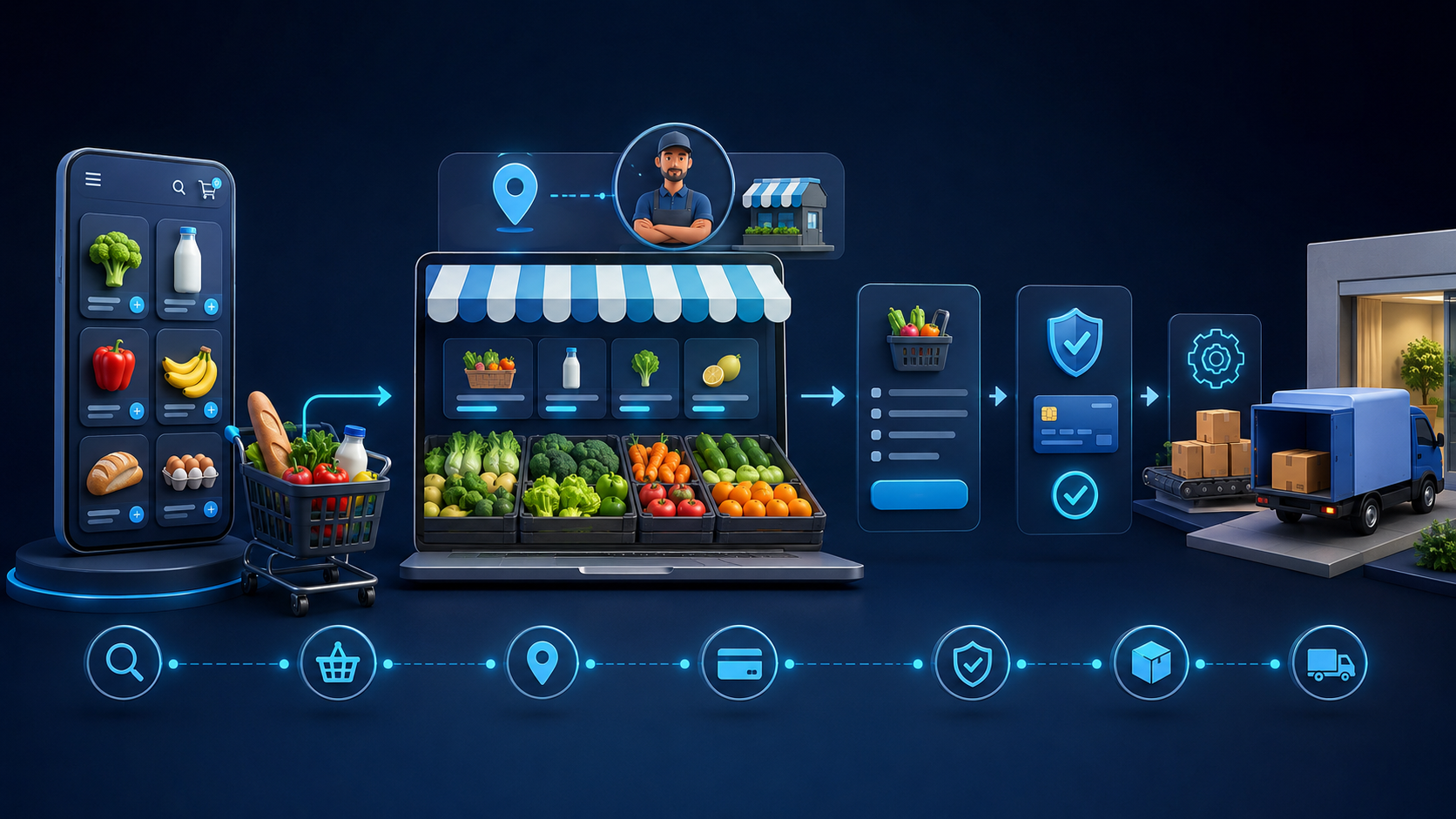 Grocery marketplace storefront, ordering, payment and delivery workflow