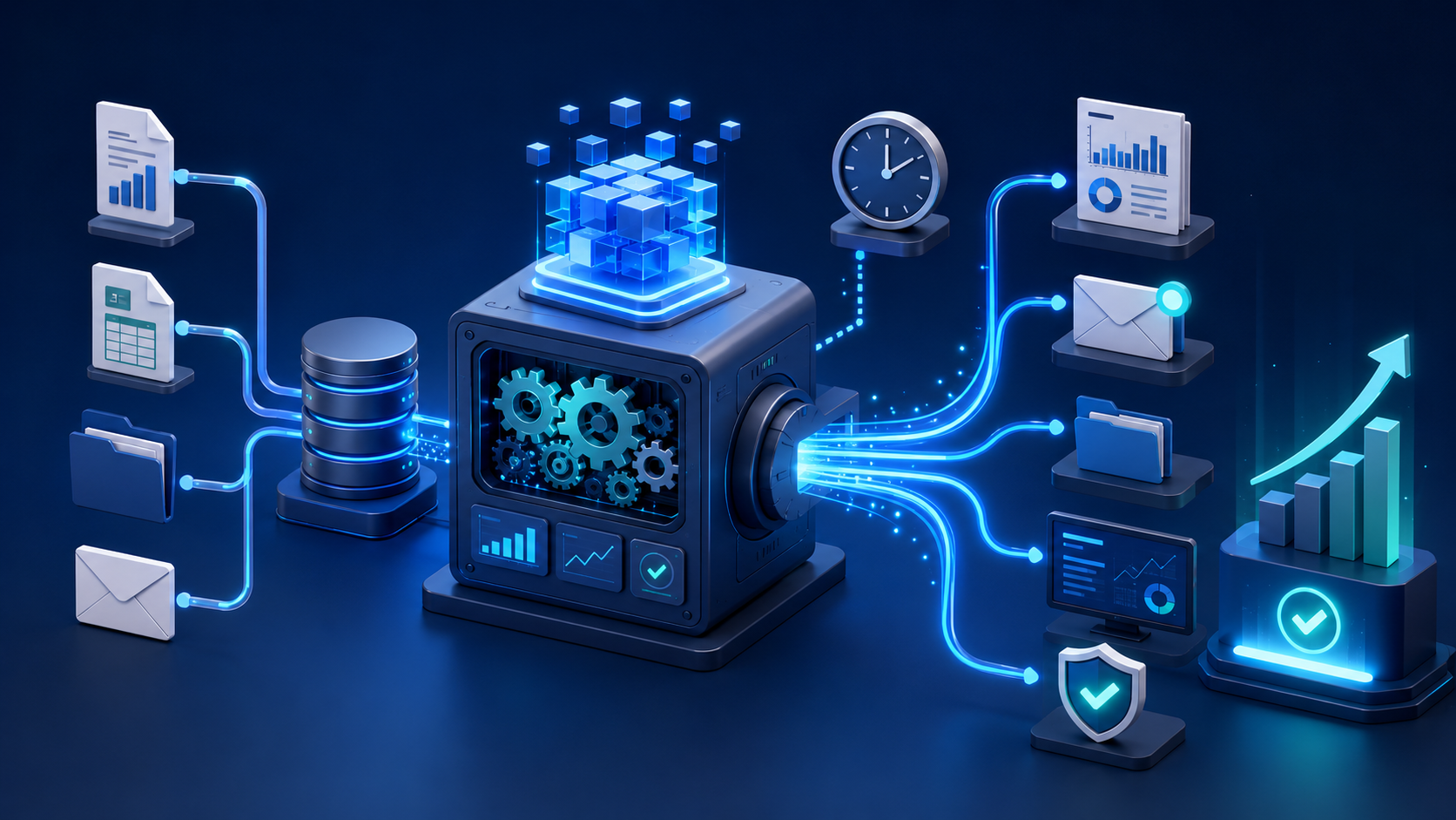 Automated business workflow connecting data, processing and scheduled delivery